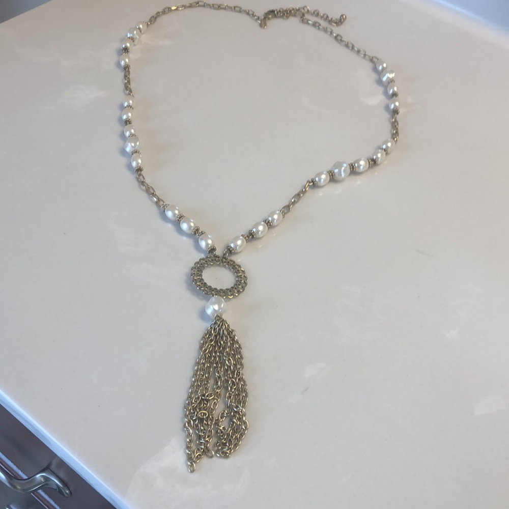 Chico’s long Faux pearl Tassel necklace